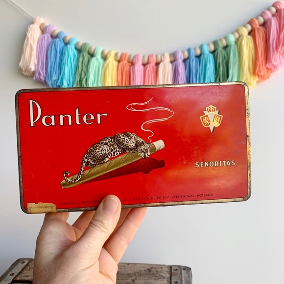 Vintage Dutch Cigar Tin Box Red Panther Holland